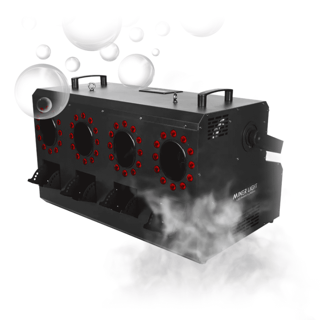 Macchina bolle con fumo Miner 1800W, 4 ugelli e 4 getti d’aria regolabili, controllo DMX e telecomando wireless per eventi professionali
