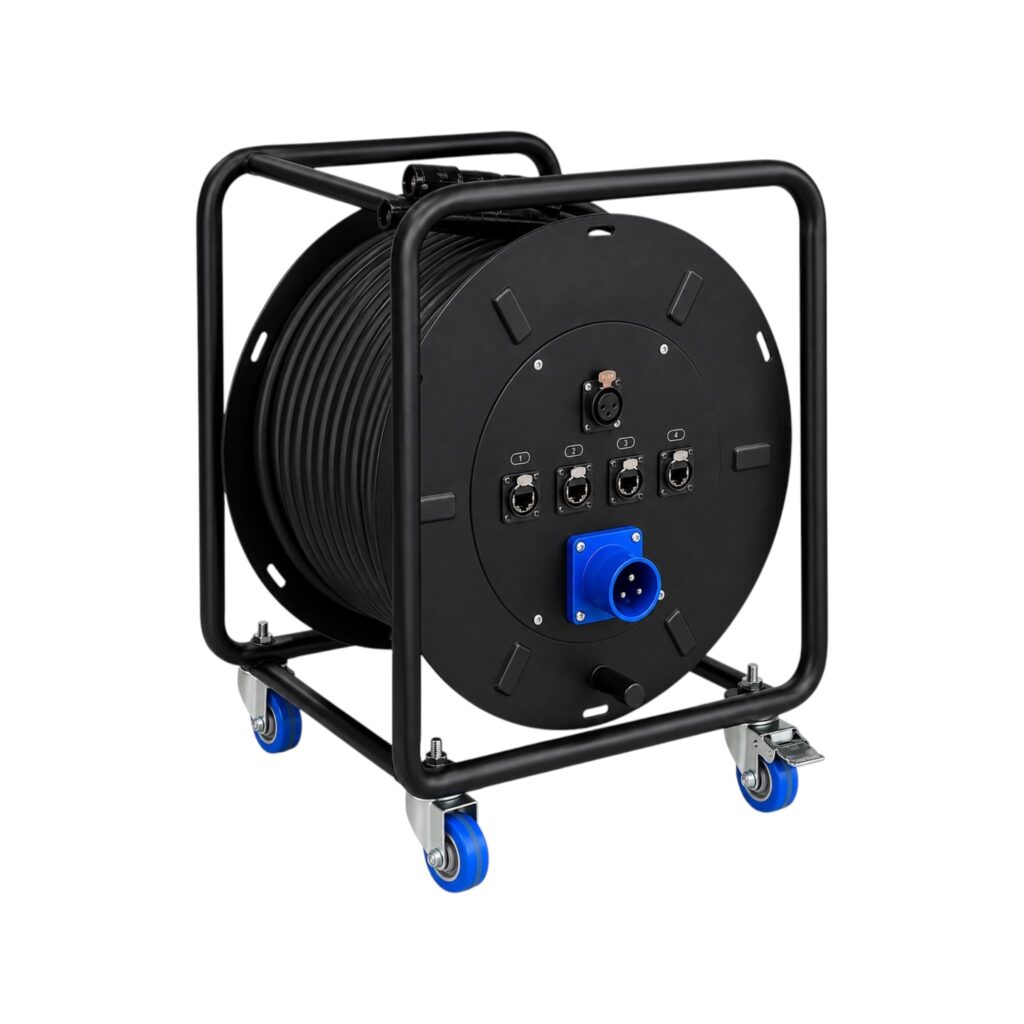 Ruzzola Miner Cat6 + DMX + Power 60m con 4 porte RJ45 Ethercon, linea DMX e alimentazione 220V per service audio luci video.