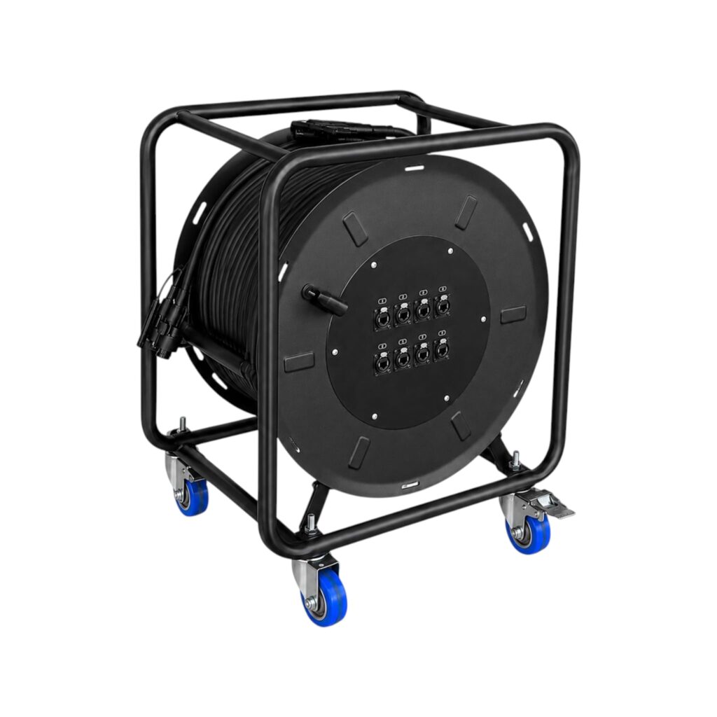 Ruzzola Miner 8Canali Cat6 60m con connessioni RJ45 Ethercon schermate per trasmissione dati audio, luci e video in ambito professionale.